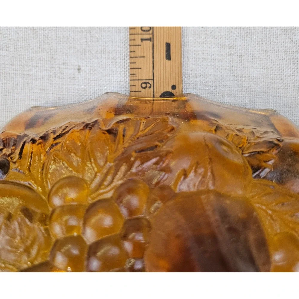 Vintage Amber Indian Glass Fruit Bowl Footed Oval Scalloped Rim Embossed Fruit
